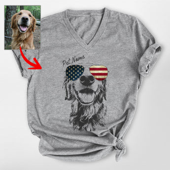 Patriotic Dog V-Neck Shirt - Custom Dog Photo with American Flag Sunglasses - Pawarts