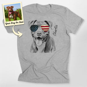 Personalized America Flag Glasses Pitbull Dog Tee Shirts