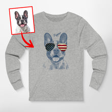 Load image into Gallery viewer, Patriotic Dog Long Sleeve Shirt - Custom Dog Portrait with American Flag Sunglasses
