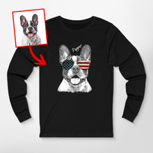 Load image into Gallery viewer, Patriotic Dog Long Sleeve Shirt - Custom Dog Portrait with American Flag Sunglasses
