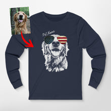 Load image into Gallery viewer, Patriotic Dog Long Sleeve Shirt - Custom Dog Portrait with American Flag Sunglasses
