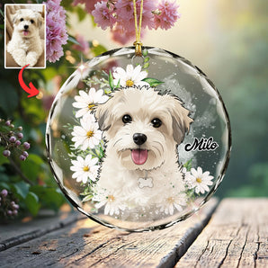 Custom Dog Portrait Floral Glass Ornament