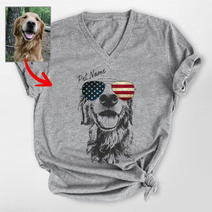 Patriotic Dog V-Neck Shirt - Custom Dog Photo with American Flag Sunglasses - Pawarts