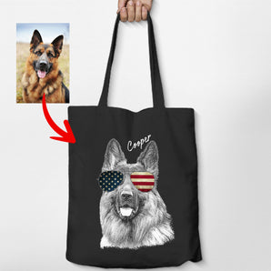Custom Dogface Wearing American Flag Glasses Tote Bag