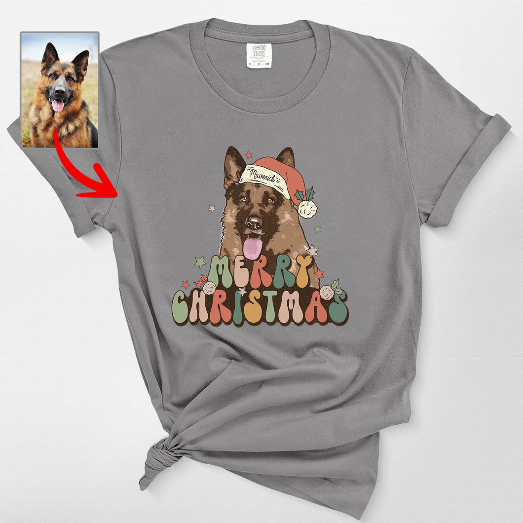 Vintage Dog Christmas Comfort Color Shirt - Custom Dog Painting with Xmas Hat