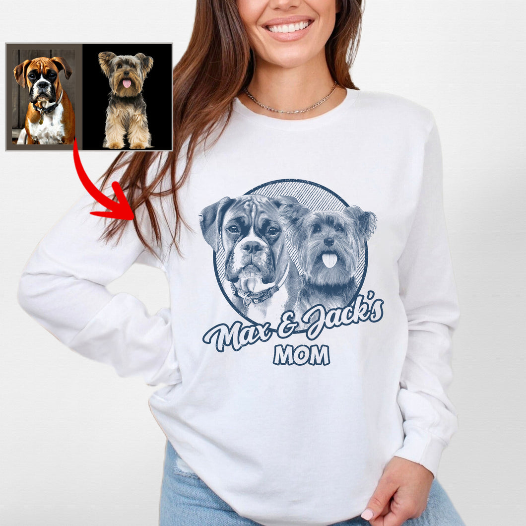 Custom Dog Portrait Bella Canvas Long Sleeve Shirts, Gift for Dog Moms on Mother's Day