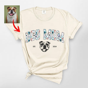 Personalized Dog Mom Premium Heavyweights Shirt, Pet Face & Floral Lettering