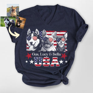 Vintage USA Custom Patriotic Dog Unisex V-neck Shirt