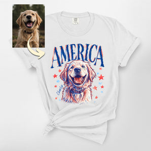 America Custom Hand-Drawn Dog Portrait Premium Heavyweight Tee