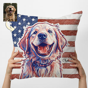 Custom Patriotic Dog Portrait Square Pillow with America Flag