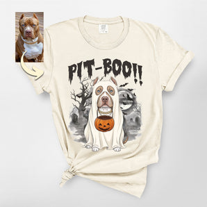 Pit-Boo Ghost Custom Pitbull Dog Portrait Premium Heavyweight Tee