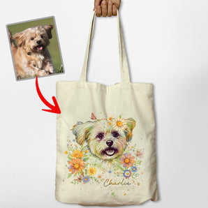 Personalized Floral Dog Portrait Tote Bag